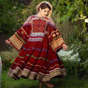 Elegant Crimson Floral Afghan Dress