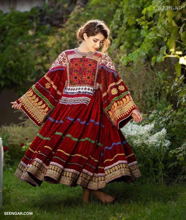 Elegant Crimson Floral Afghan Dress